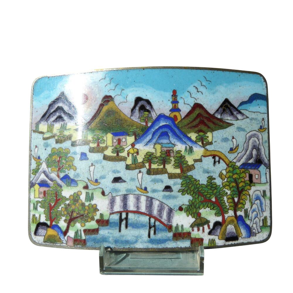 Vintage Chinese Cloisonne Enamel Sash Buckle Asian Landscape Signed Chen Wenqi